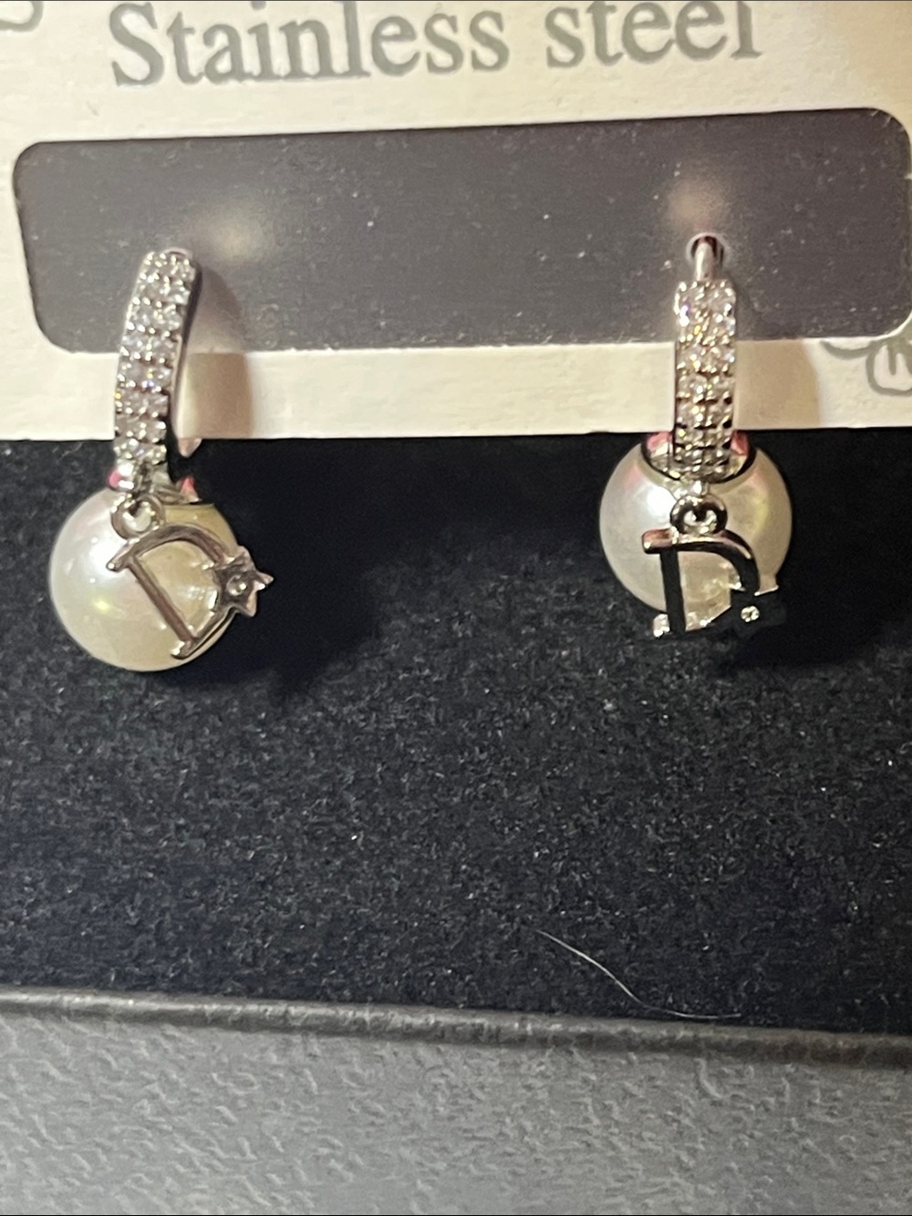 Inspired Dangle Pearl Earrings with Letter D Accent - Silver